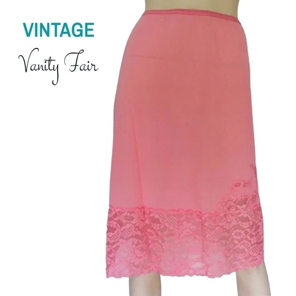 VINTAGE 1960s Vanity Fair Lace Lacy Pink Half Slip Pillow Tab Below Knee - Picture 8 of 10
